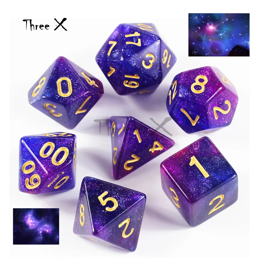 

Mix-color Royal Universe Galaxy Creative Dice Set of D4-D20 with Mysterious Glitter Powder for DND RPG Boardgame
