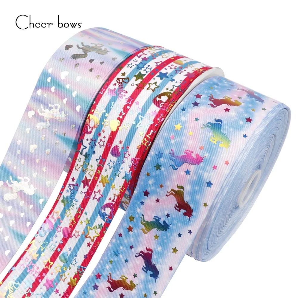 

Cheer bow 75mm Grosgrain Ribbon Unicorn Rainbow Printed Ribbon Wedding Party Decoration Gifts Packing DIY Hair bows Materials
