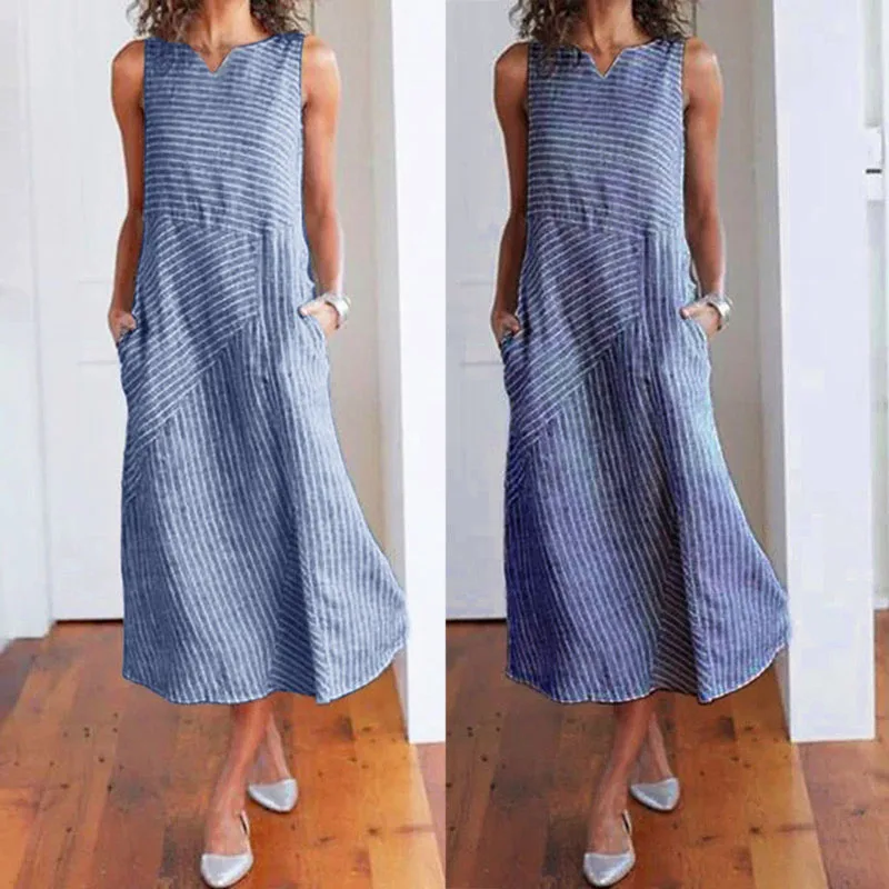 

Women One-pieces Dress V Neck Irregular Striped Sleeveless Splice Dress for Summer FDC99