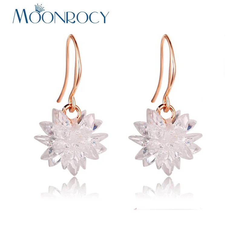 

MOONROCY Dropshipping Rose Gold Color Crystal Earrings Hook White Ice Flower Wedding for Women Girls Party Jewelry Wholesale