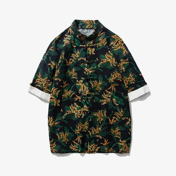 

2019 Sinicism Men Printed linen casual short-sleeved shirts/Male summer High quality cotton linen Stand collar loose shirts tops