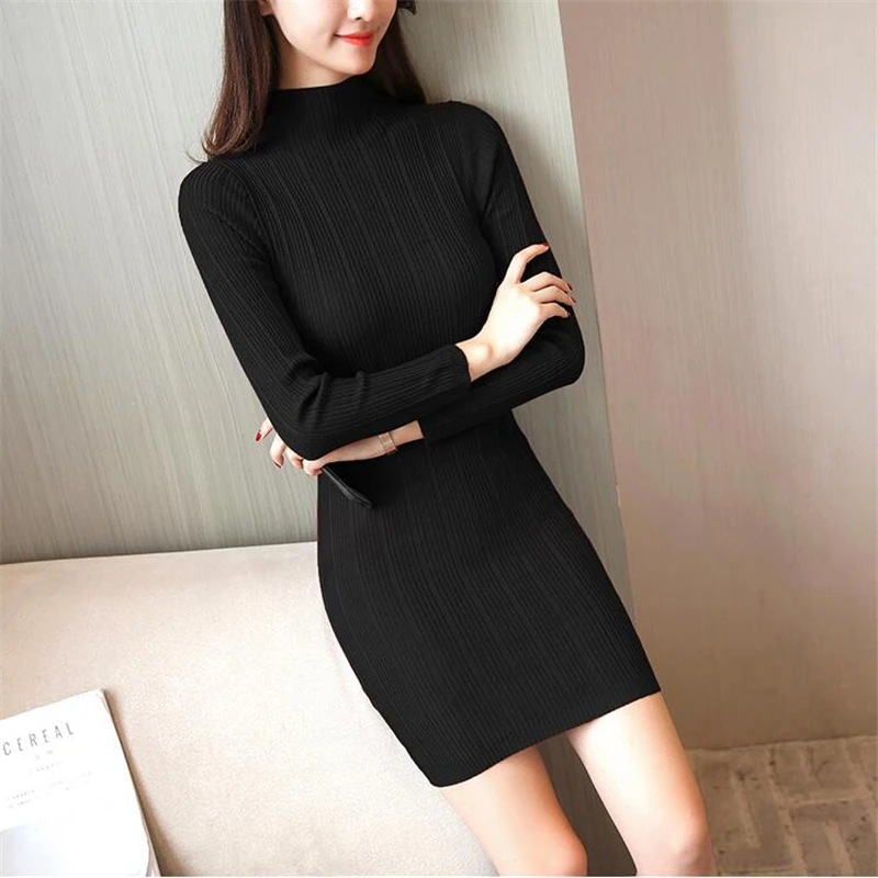 2018 Women Autumn Winter Sweater Dress Solid Slim Stand Sexy Pullover Long Sleeve Bodycon Warm Long Knitted Minii Dress vestidos Dresses