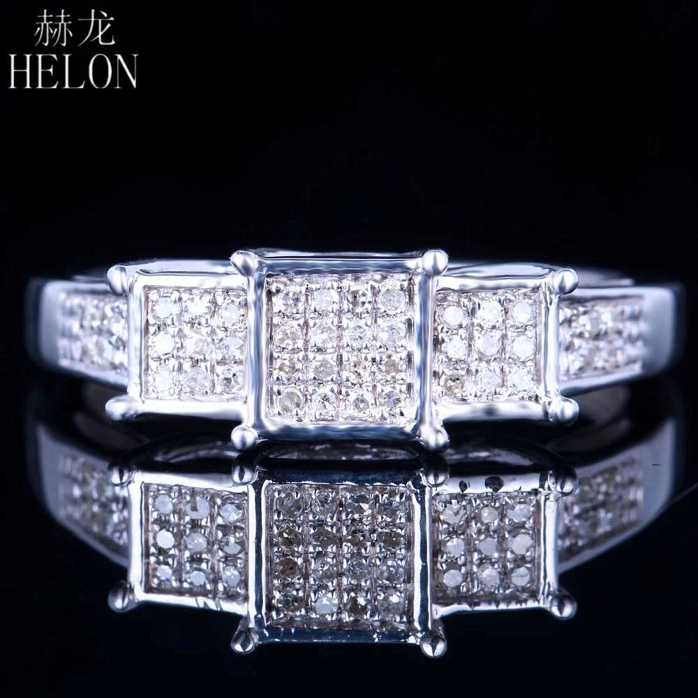 

HELON Special Design Sterling Silver 925 Pave Genuine Natural Diamond Ring Engagement Wedding Party Fine Jewelry Ring