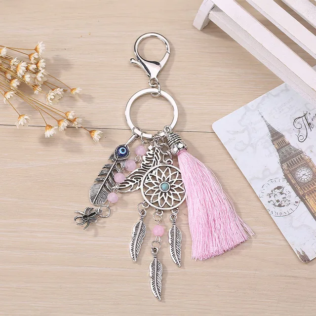 1pc Car Key Rings Women Natural Dreamcatcher Keychain Bag Charm Tassels