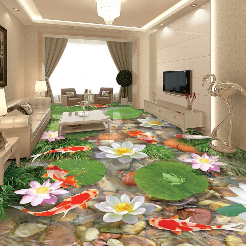 

Custom 3D Floor Murals Wallpaper PVC Waterproof Wall Painting Fish Lotus Pond Pebbles Living Room Floor Decoration Sticker Mural