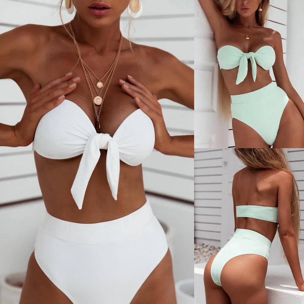 

Women Summer Bandage Bikini Set Off Shoulder Swimwear Two Pieces Beachwear BowKnot Swimsuit Solid White Mint Green High Waist