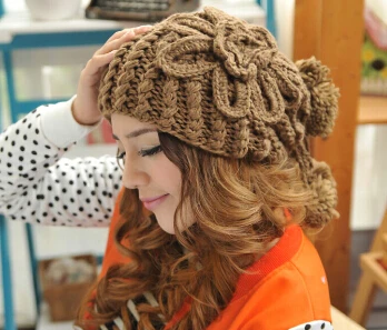 BomHCS Модные женские зимние ручной работы вязаные шапочки цветочные шапки - Цвет: light coffee