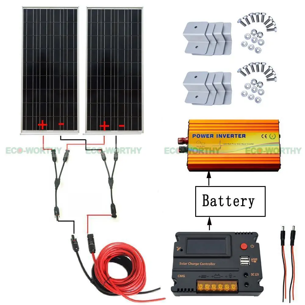 2x 100W 12V Solar Panel amp 20A CMG Controller 1KW Inverter for 200W Home System