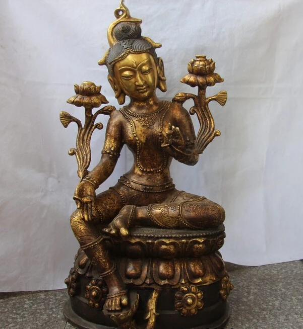 

USPS to USA S3601 26 Tibet Old Copper Bronze Green Tara Kwan-yin Guanyin Bodhisattva Buddha Statue (B0328)