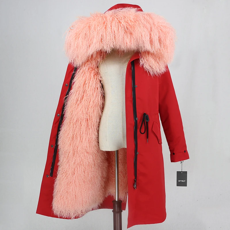 OFTBUY X-long Водонепроницаемая парка, натуральная монгольская овечья шерсть, натуральное меховое пальто, зимняя куртка для женщин, теплая Съемная уличная одежда, верхняя одежда - Цвет: red pink