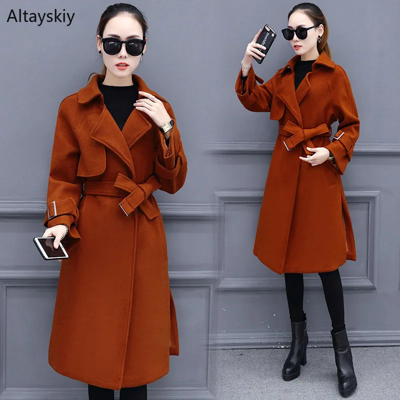 

Wool Women 2019 Long Loose Solid Simple All-match Korean Style Elegant Pockets Leisure Daily Blends Womens Soft Outerwear Chic