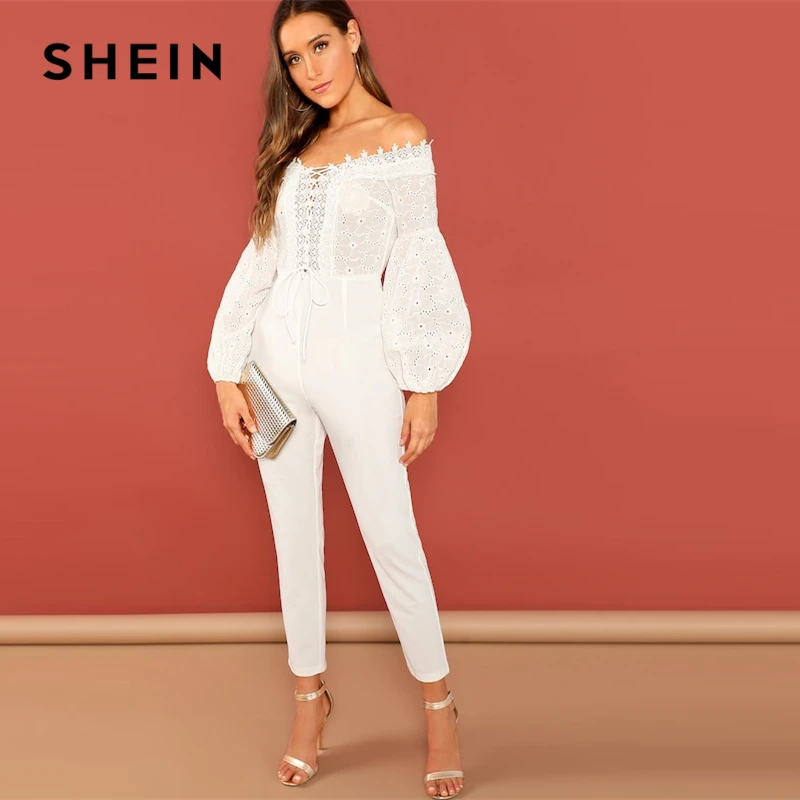 SHEIN Going Out White Lace Up Neck Guipure Lace Bodice Bardot Off the