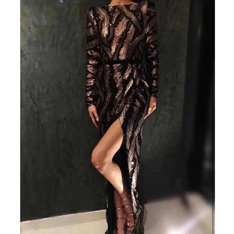 

Wholesale 2019 new dress Black mesh long sleeve Gold sequins Fashion Slim Celebrity leisure Cocktail party long Dress(H2671)