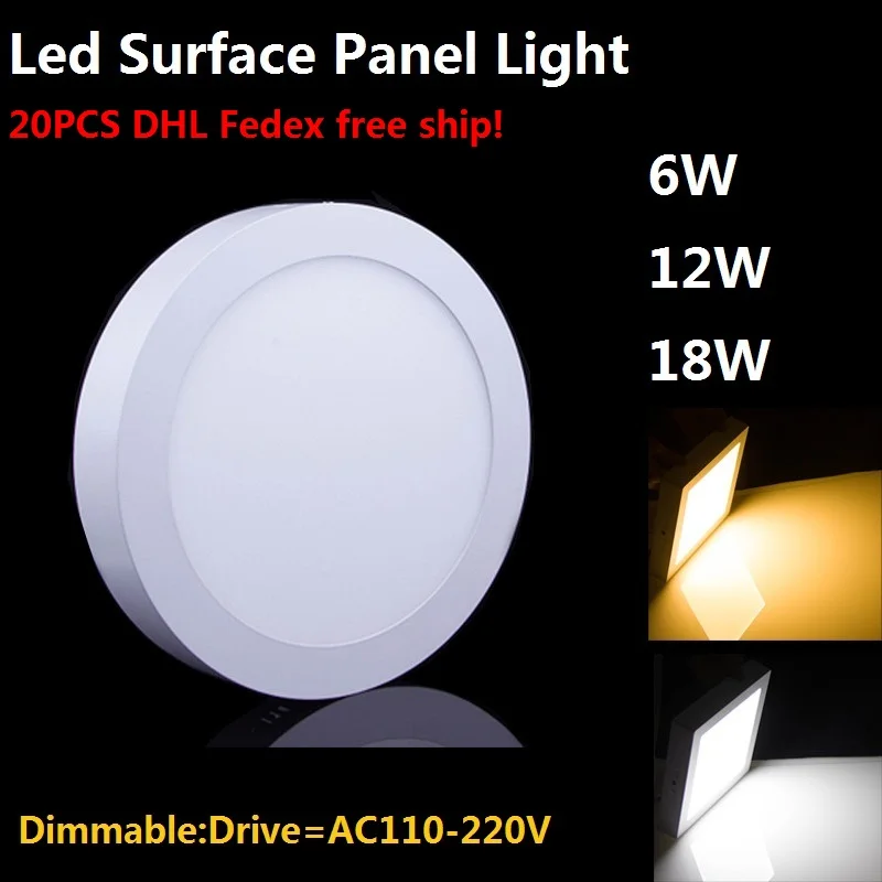 

DHL Free 20PCS Surface Mounted LED Panel Light 6w 12w 18w Round Ceiling Recessed Lights LED Downlight AC110-220V SMD2835 CE UL