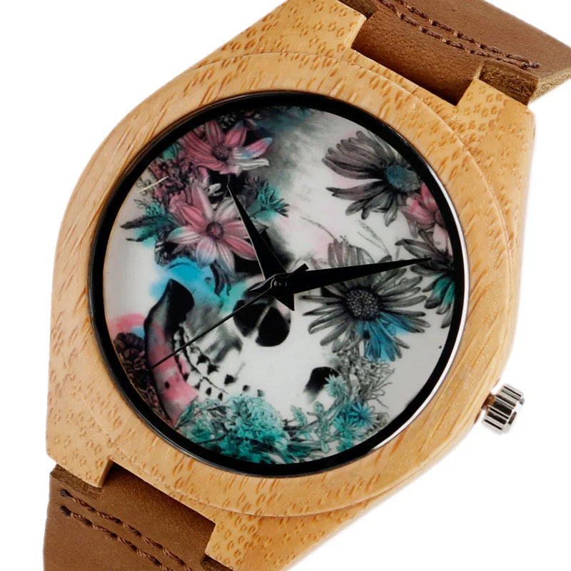 En Ligne Femmes Montres Bracelet Montre En Bambou Dames Cool Conception de Crâne de Fleur En Bois Fait Main En Cuir Véritable Bande Décontracté Nature Bois Horloge
