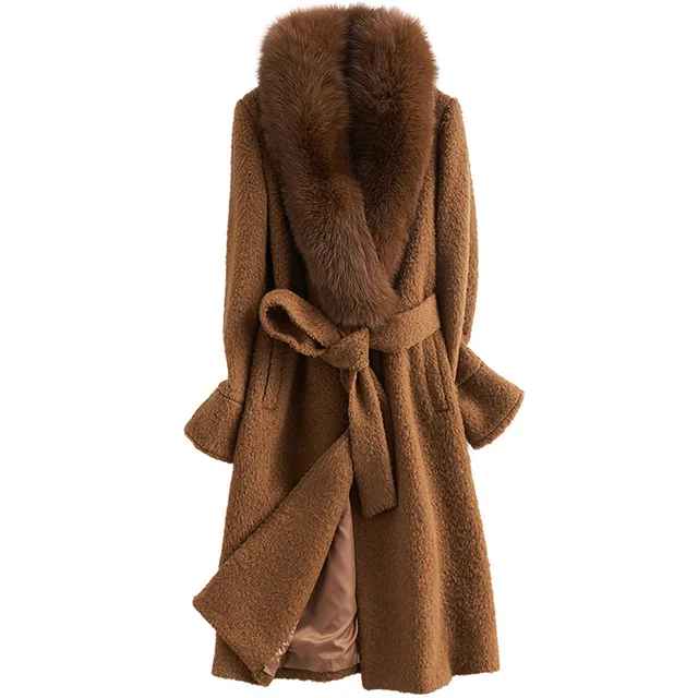 Шерстяное пальто высшего качества, Женское зимнее пальто, одежда из альпаки, повседневное элегантное приталенное длинное шерстяное пальто с меховым воротником Casaco - Цвет: As show