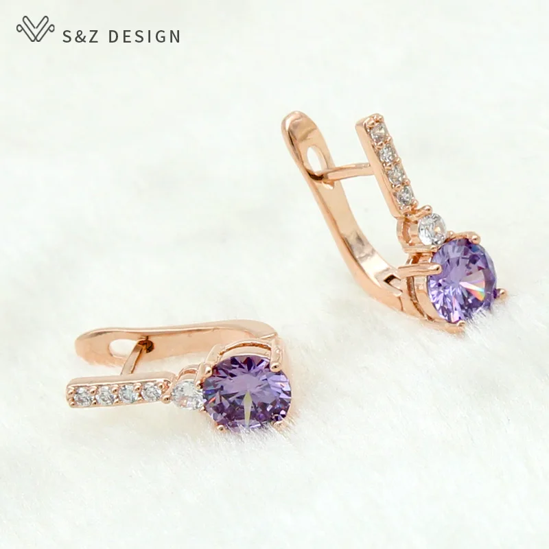 S&Z DESIGN New Fashion Round 585 Rose Gold Color Cubic Zirconia Dangle Earrings For Women Girl Wedding Party Jewelry