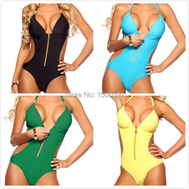 2017 Black Blue Yellow Green One Piece Swimsuit Sexy Swimwear Women