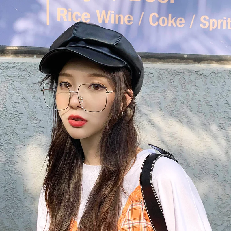

Sheepskin leather octagonal cap children spring and autumn cap casual versatile Korean version of beret art painter cap man