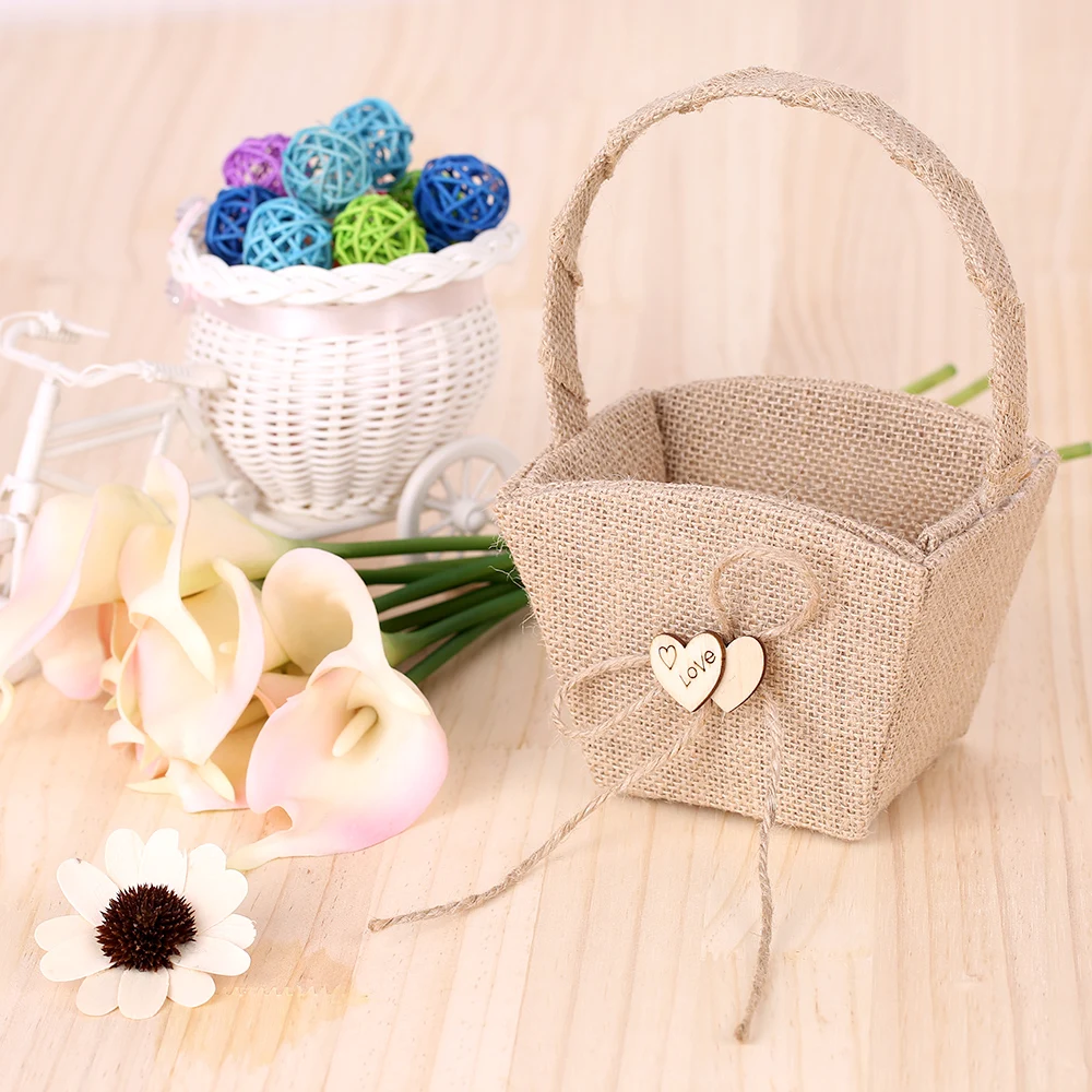 BUY Hot Vintage Rustic Wedding Burlap Flower Girl Basket with Wooden Heart Decoration Wedding Supplies