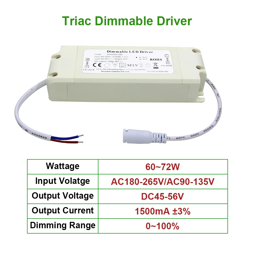 60-72 Вт Triac Диммируемый драйвер постоянного тока адаптер питания 1.5A Трансформаторы освещения для Светодиодный светильник AC90-265V лампы