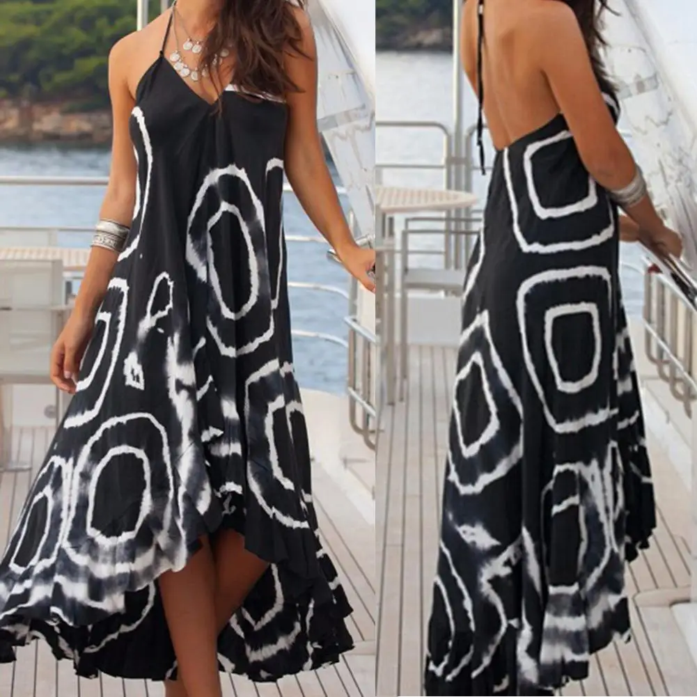 

Fashion Summer Beach Party Boho Circle Print V Neck Women Sexy Backless Halter Bandage Asymmetric Lady Long Maxi Dress Vestidos