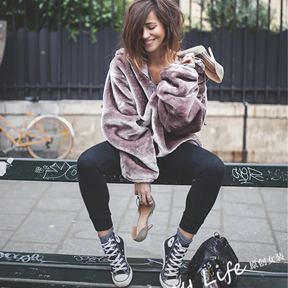 

Autumn 2018 Winter jacket Women outwear & coats Female Fluffy Sweater Warm Outwear Hooded Sweatshirt Oversize Women jacket Dec15