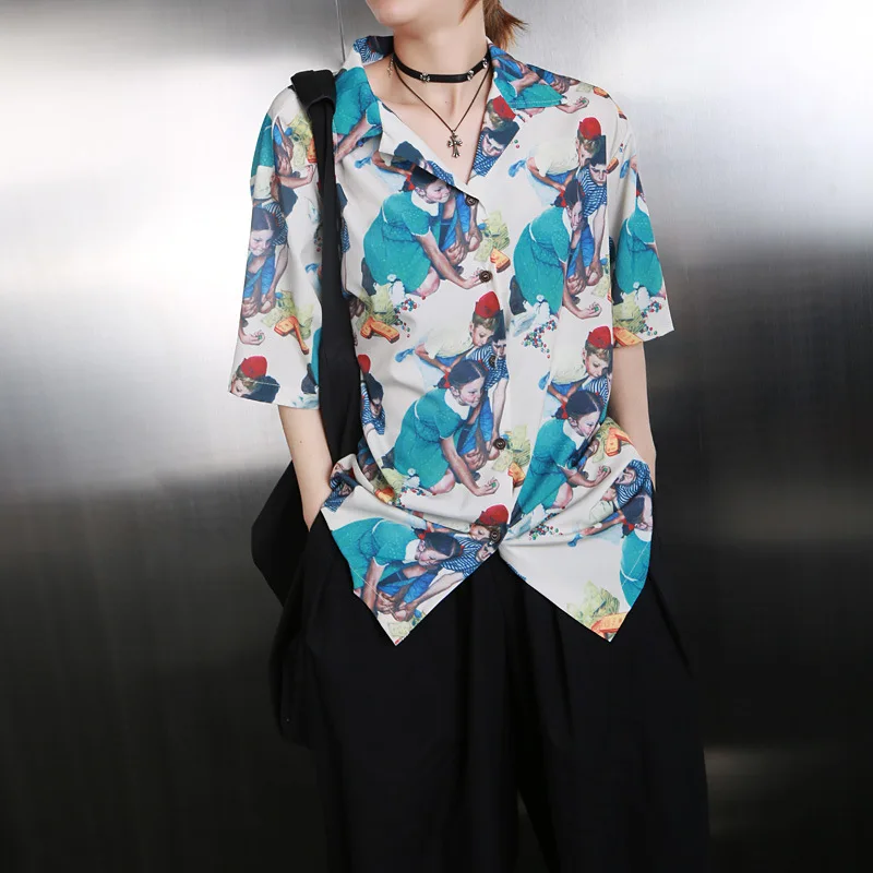 

Aransue Summer New Couple Style Retro-Ancient tops and blouses Printed Short-sleeved Shirts Loose Leisure blusas