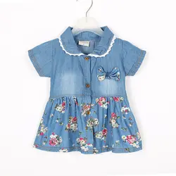 Летний стиль детские Обувь для девочек Джинсовое платье с милым бантом платье из джинсовой ткани с лацканами Детское платье для девочек