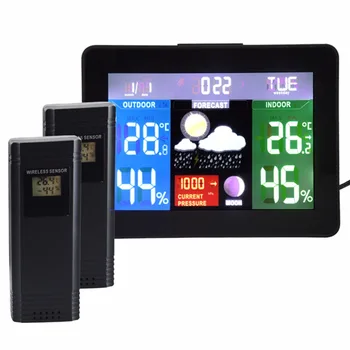 

2 Wireless Sensors Weather Station, Color Display Radio Controlled Clock, Barometer RH% Temperature 5 Weather Forecast