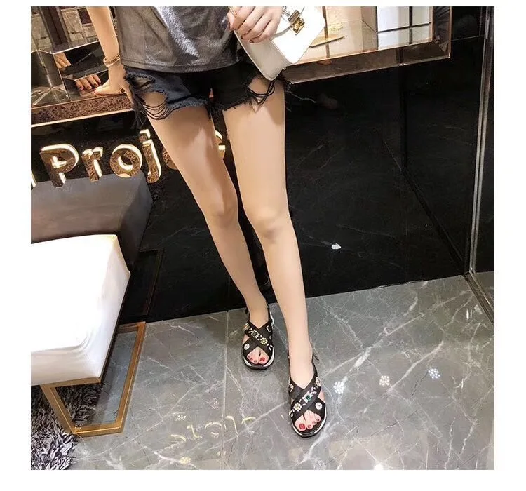 women's summer slippers high-heeled leather rhinestone sandals outdoor casual sandals flip-flops thick sandals
