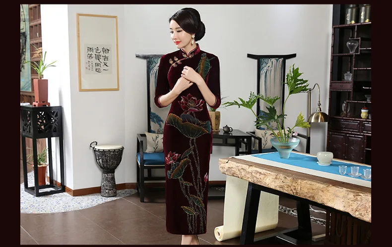 Свадебные платья Китайский Чистая Ручная роспись бархат Cheongsam Для женщин традиционный вечернее платье длинный участок Qipao Cheongsams велюр