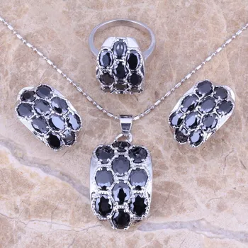 

Black Cubic Zirconia Silver Plated Jewelry Sets Earrings Pendant Ring Size 5 / 6 / 7 / 8 / 9 / 10 S0013