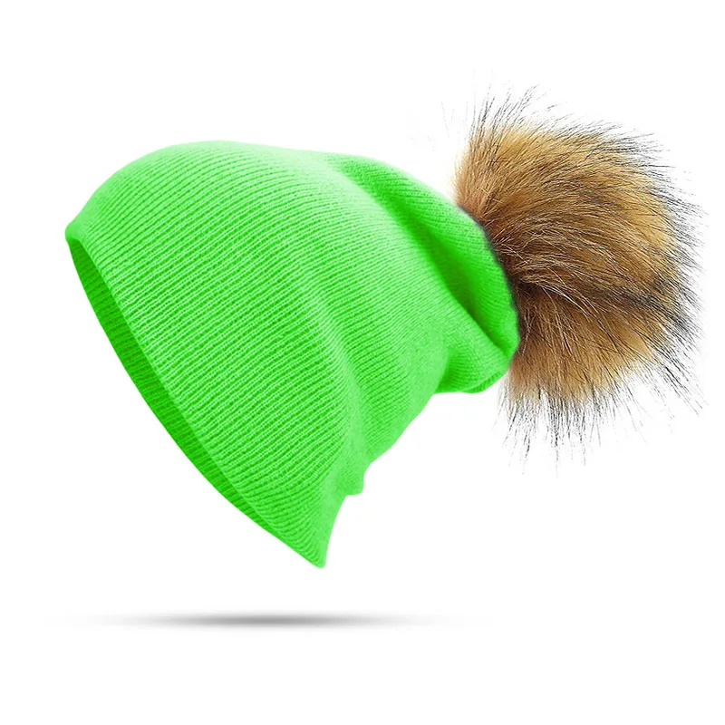 Новые женские шапки бини из искусственного меха с помпонами, модные вязаные шапки для девочек и женщин, шапка с помпоном, зимняя женская шапка Skullies Bones - Цвет: Fluorescent green