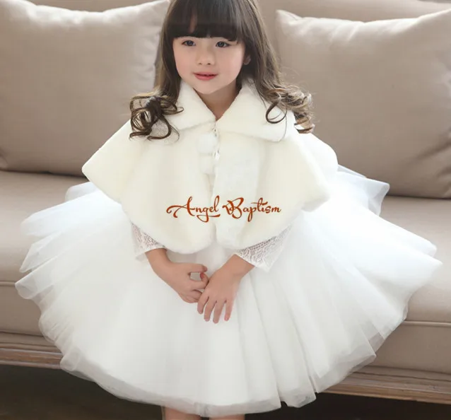 

Sweet cute Fall Winter wedding warm white/ivory flower girl faux fur cape princess thick jacket wrap toddler bolero