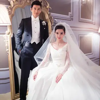 

New Fashionable V Neck Long Sleeve Lace Wedding Dresses 2015 Appliques Court Train A Line Vestidos De Noiva Robe De Mariage