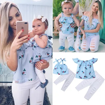 

Summer Family Matching Mother Daughter Blue Floral Print Striped Sleeveless Tops Clothes Mom Girl Family Outfit Clothing C0275