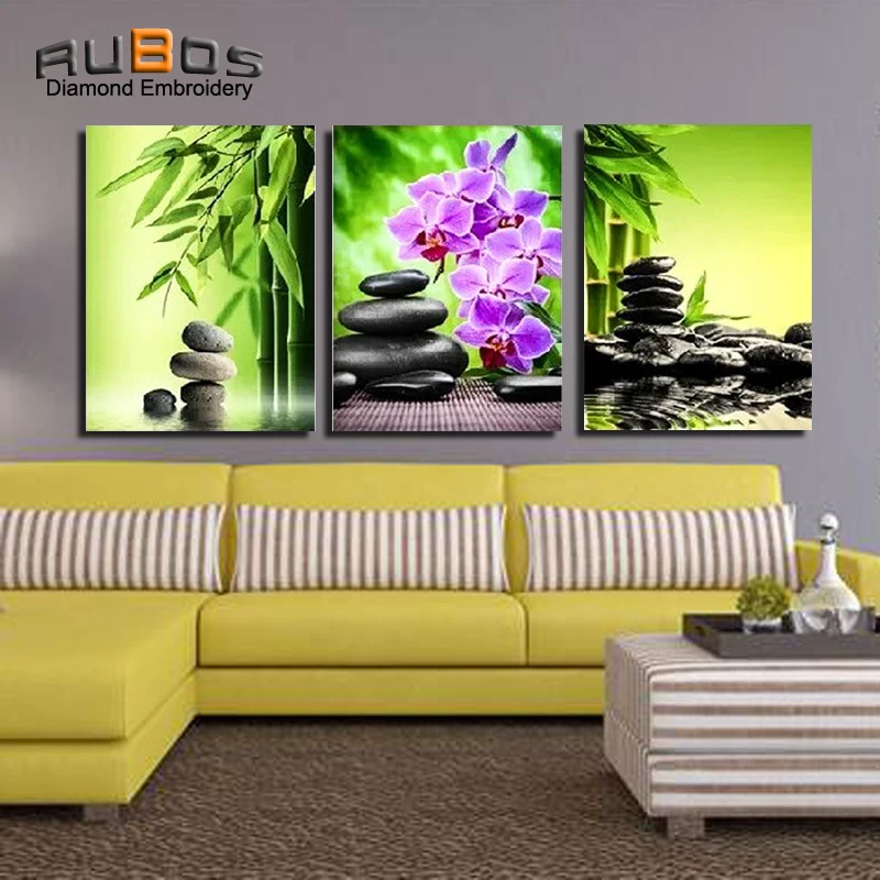 

RUBOS DIY 5D diamond mosaic Flowers bamboo orchid embroidery triptych diamond painting wall modular picture 3D Pattern stone NEW
