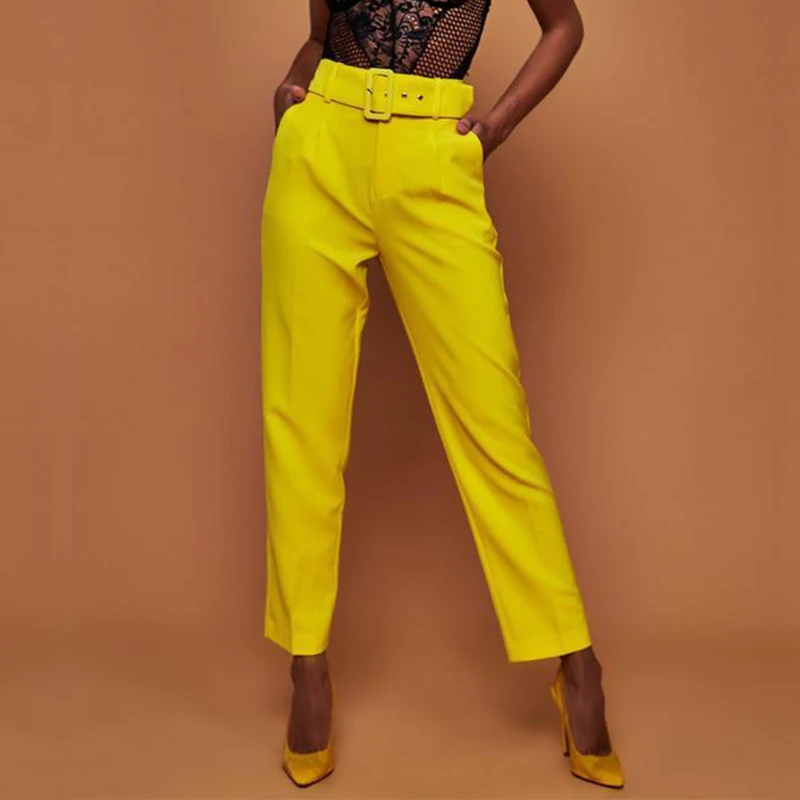 Брюки с высокой талией с поясом, женские брюки размера плюс, летние брюки, белые панталоны, женские повседневные штаны, Капри, осенняя уличная одежда - Цвет: Цвет: желтый