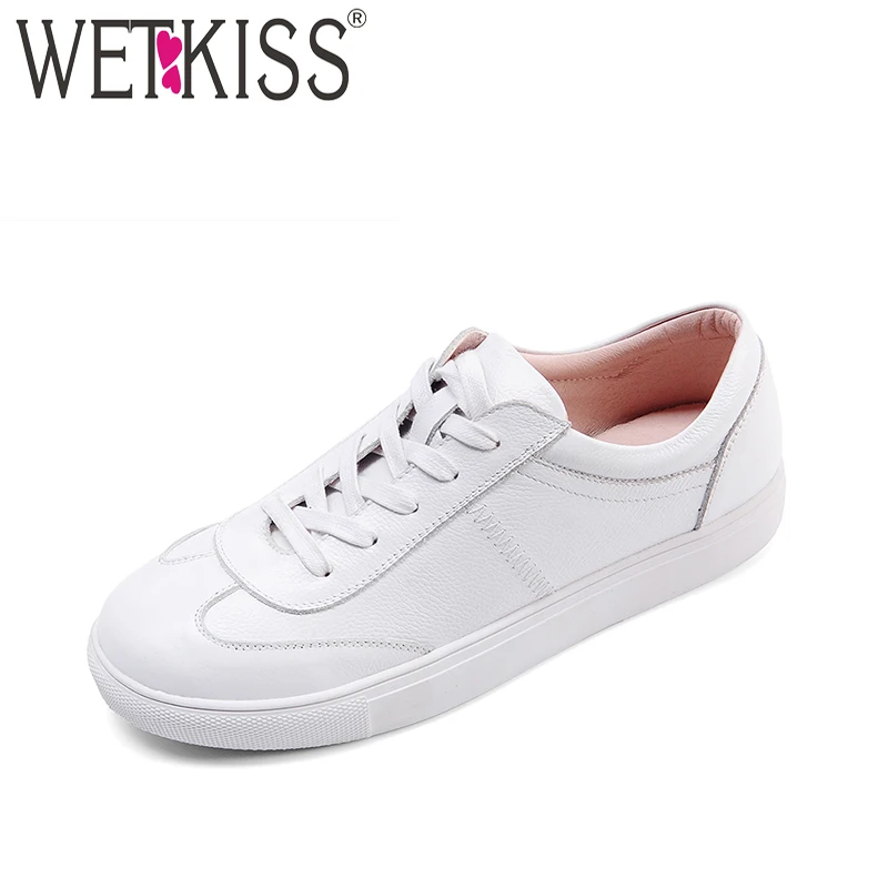 

WETKISS Casual Elevator Women Flats Genuine Leather Platform Round Toe Lace Up Sewing Footwear Spring Fashion Women White Shoes