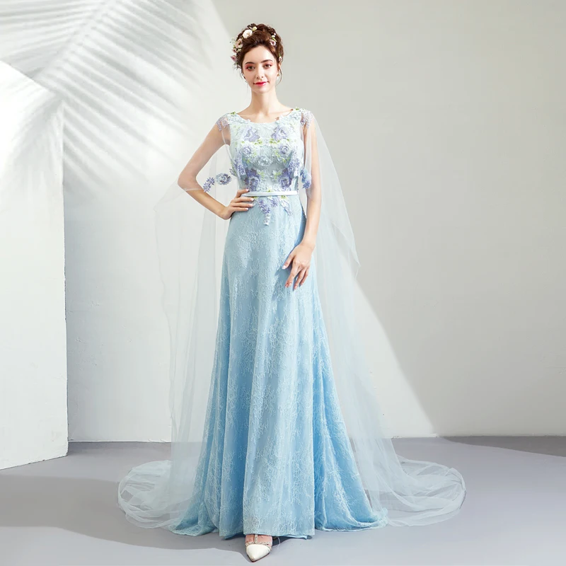 SSYFashion Новое светло голубое кружевное вечернее платье без рукавов длиной до пола
