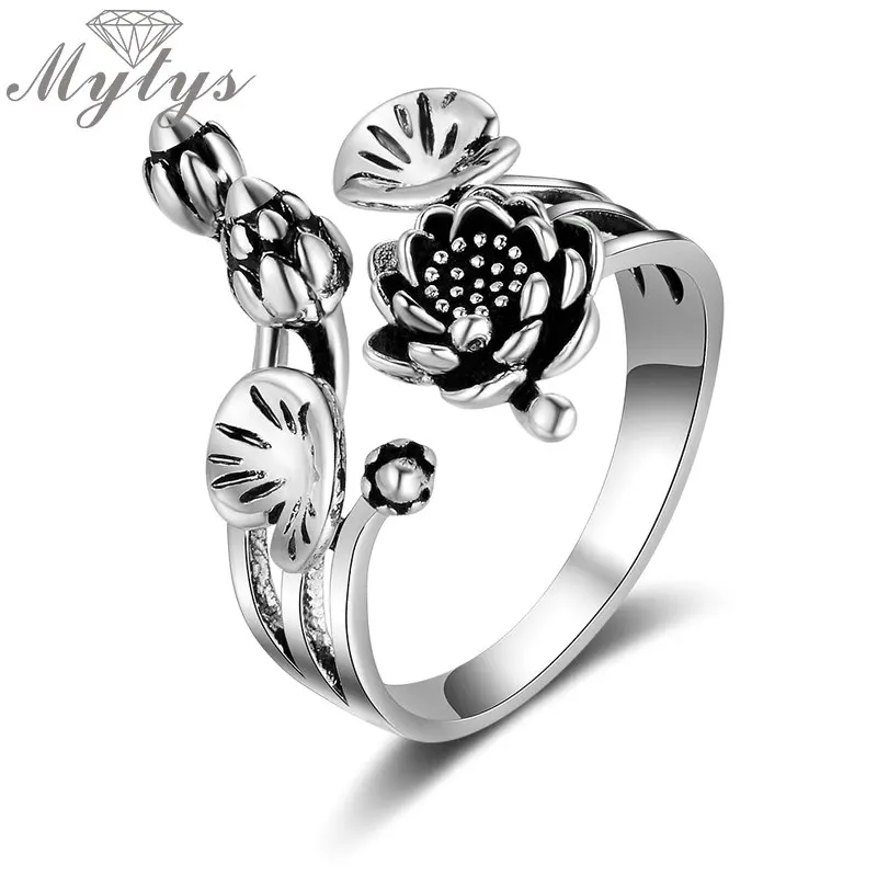 Mytys открытый манжет регулируемый размер кольцо Размер 8 9 10 11 старый серебряный Ретро серый черный ювелирные изделия цветок Мода античный дизайн R2120