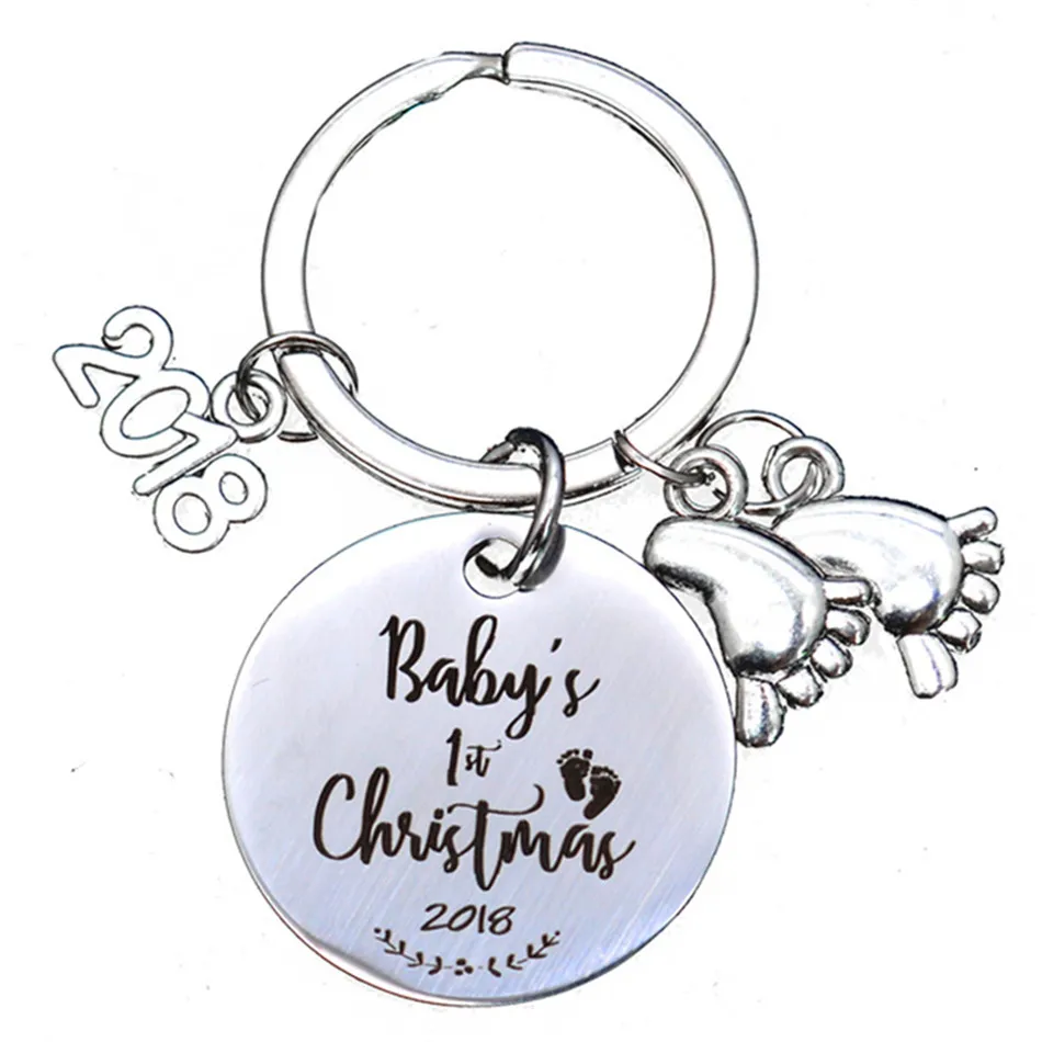 

PENGBIN Stainless Steel Baby's First Christmas Lettering Keychain Cute Small Foot Pendant Keyring Christmas Commemorative Gift
