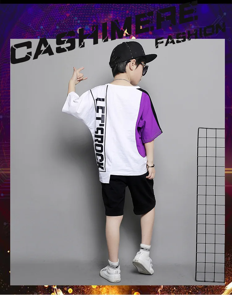 Boys summer suit cotton two-color stitching round neck short sleeve printed letter shirt elastic band sports pants boys suit