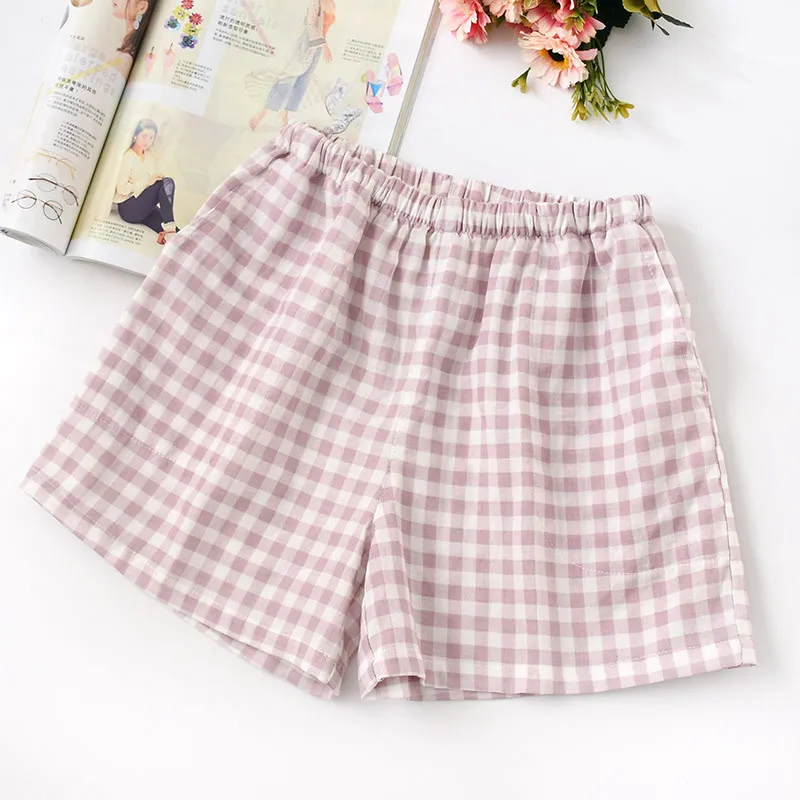 New Summer Couple Plaid Shorts Cotton Gauze Thin Pajama Pants Lounge Sleep Wear for Women Bottoms Night Pants