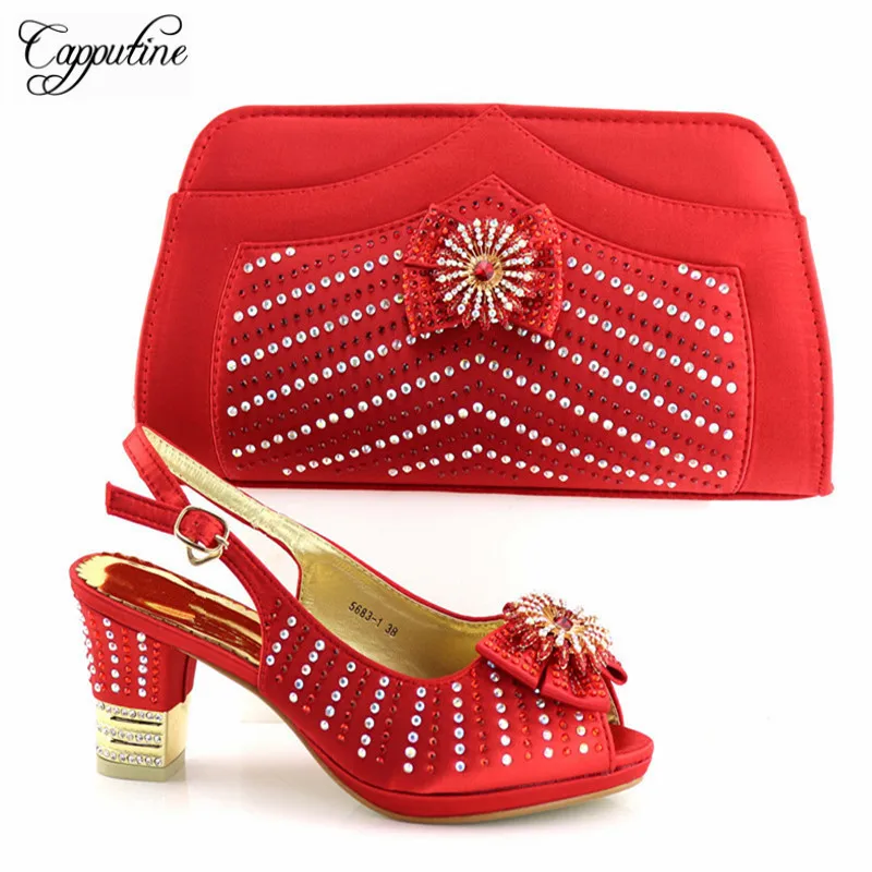 

Hot Artist 2018 High Quality African Wome Red Shoes And Bag Set Decorated With Rhinestone Italian Shoes With Bag Set TX-5681
