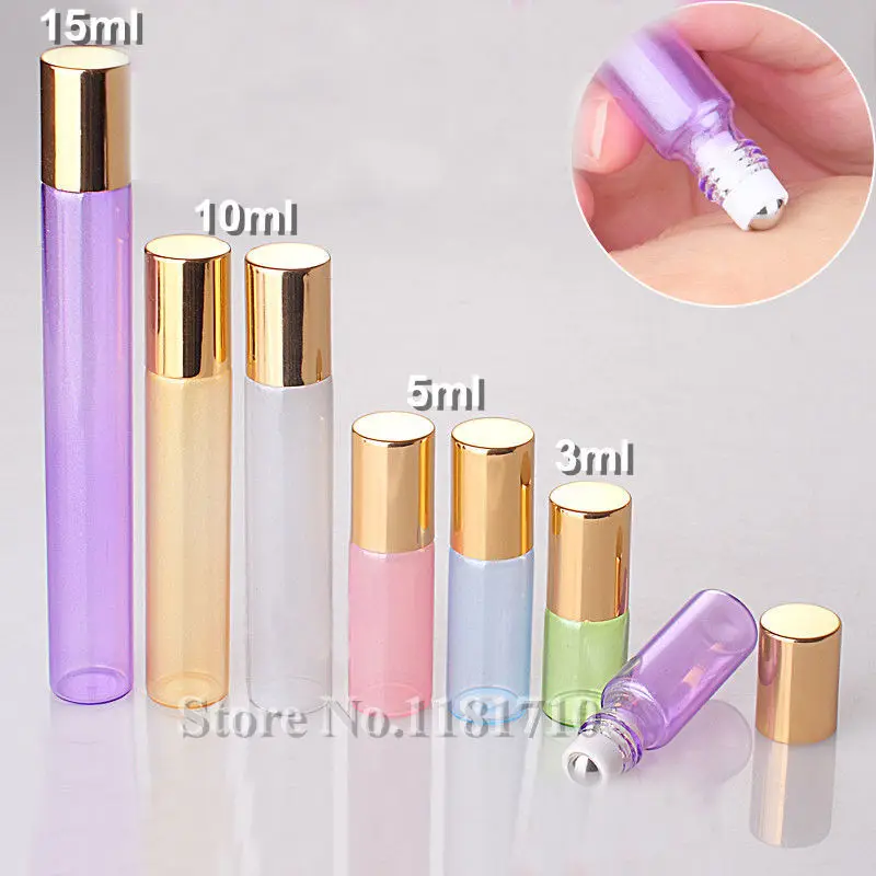 

300pcs/lot 3ml 5ml 10ml 15ml Colorful Glass Roll on Bottle Empty Essential Oils Bottle Travel Perfume Glass Vials Wholesale