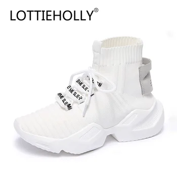 

Fashion Brand Sneakers Women Casual Shoes High Top Knit Mesh Sporty Ankle Sock Footwear Lace-Up White Vulcanized Shoes#APRAYG-68