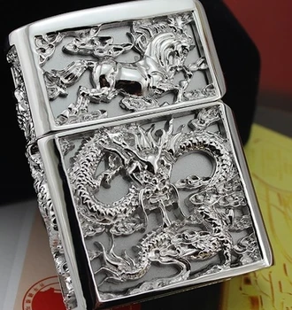 

Wholesale brand Authentic 3D Hand-carved lighters Handmade Hollow Heavy armor edition silver-plated Dragon + horse