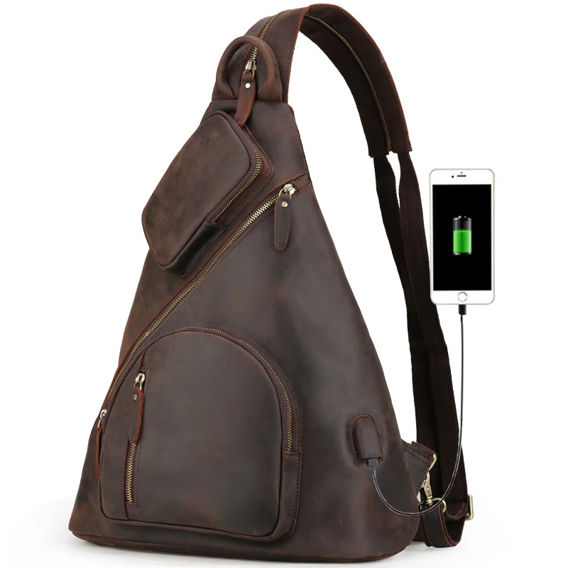 Мужская нагрудная сумка из натуральной кожи Crazy Horse повседневная тоут через плечо